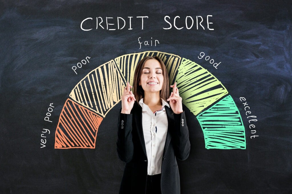 Buying a house with bad credit - Woman standing in front of chalk board representing credit score
